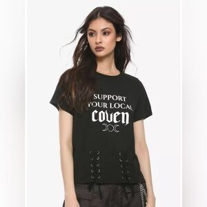 HOT TOPIC Local Coven CORSET TIES Short Sleeve Wide Neckline BLACK T-SHIRT!